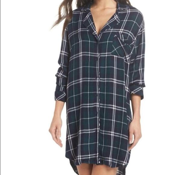 Rails Sleep Shirt Womens Size Small Aspen Navy White Button up Rayon Plaid soft - Picture 1 of 14
